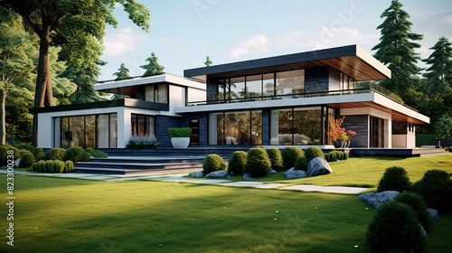 A photo of a modern house exterior with a spacious lash greenery