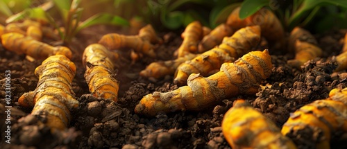 Close-up of fresh turmeric roots in soil. Vibrant yellow rhizomes ready for harvest with green leaves. Organic farming and natural health concept.