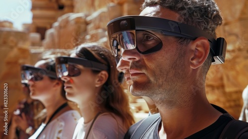 A group of tourists wear smart glasses as they tour an ancient ruin the glasses providing virtual reconstructions of what the site may have looked like in its heyday.