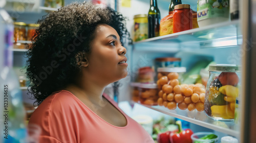 Curvy plus-size woman standing in front of open refrigerator, contemplating food options. She is looking at the food items inside the refrigerator while making a decision on what to eat