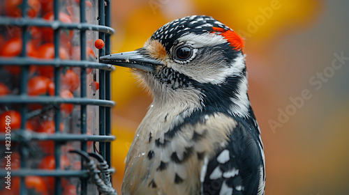 Downy woodpecker feeding on a bird feeder