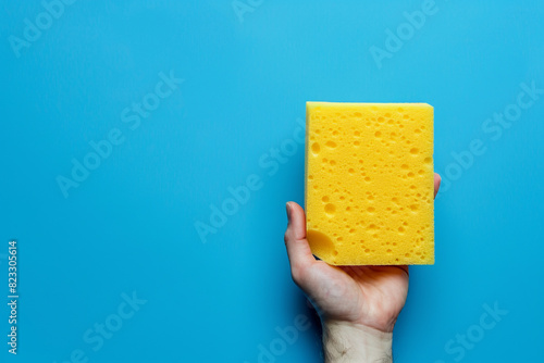 Yellow cleaning sponge gripped firmly in a human hand, symbolizing household chores and hygiene maintenance, with ample copy space on a striking bright blue background 