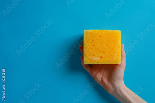 Yellow cleaning sponge gripped firmly in a human hand, symbolizing household chores and hygiene maintenance, with ample copy space on a striking bright blue background 