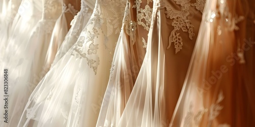Elegant bridal gowns with delicate lace fabric hanging in a row. Concept Bridal Gowns, Lace Fabric, Elegant Designs, Wedding Fashion, Delicate Details