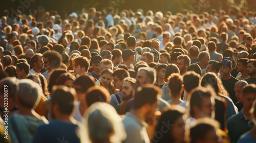 Sunlit crowd of people in warm hues during sunset, portraying a bustling urban atmosphere.