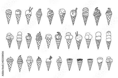 Cute set of ice cream in a waffle cone in doodle style. Ice cream with various fillings, scoops and triple scoops ice cream and waffle cones. Great for summer dessert menu design