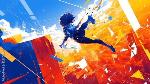 Person Jumping Through Abstract Cityscape. Amazing anime illustration