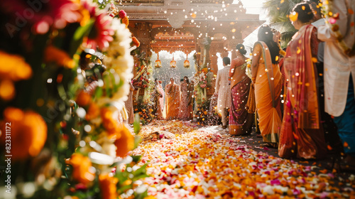 Colorful traditional Indian wedding ceremony with vibrant floral decorations