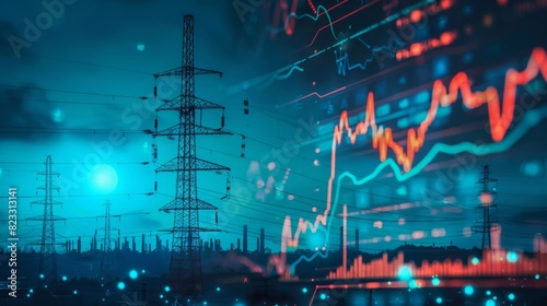 stock market graph with electric pole with blue black energy business