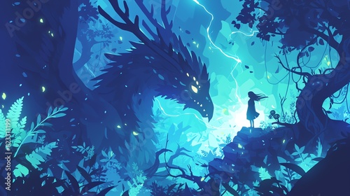 Girl Confronts Dragon in Enchanted Forest. Amazing anime background