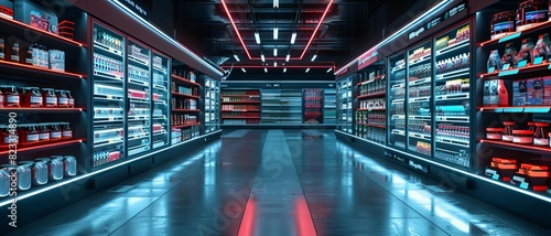 A futuristic supermarket with drones stocking shelves