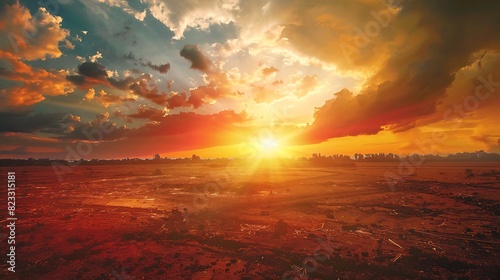 Fiery sunset over arid landscape with dramatic clouds and sun rays.