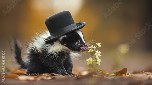 A fluffy baby skunk in a dapper bowler hat, sniffing a flower