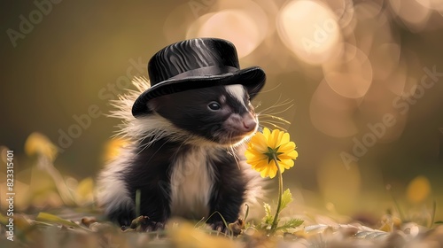 A fluffy baby skunk in a dapper bowler hat, sniffing a flower