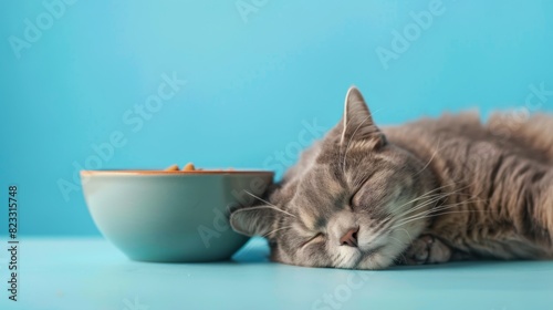 The cat dreams of a bowl of food. British cat sleeps on a blue background.