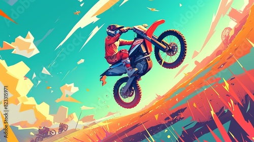 Motocross Rider Performing Wheelie in Vibrant Digital Art