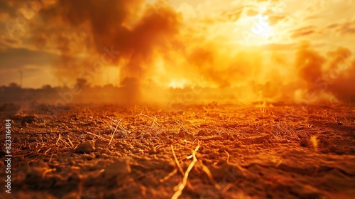 Scorching sun and dust storm over a dry, cracked earth landscape.