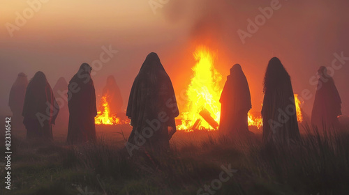 Ancient Celtic druid gathering around a bonfire in a stone circle