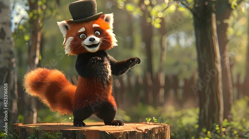 A fluffy red panda in a bowler hat, balancing on a tree stump