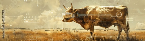 A painting of a bull standing in a field future farm