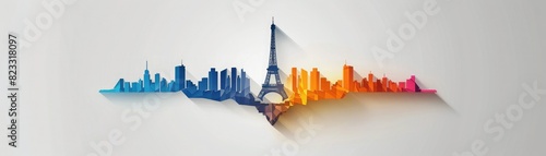 Paris skyline with Eiffel Tower in center. Blue, orange and red colors, white background.