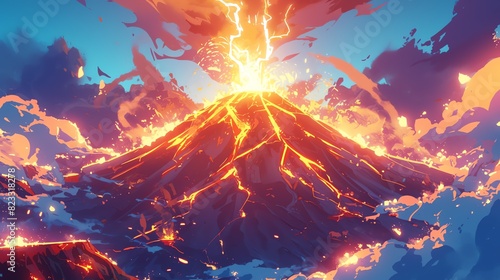 Digital illustration of a volcanic eruption with lightning. Amazing anime illustration