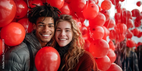 Casal de namorados apaixonado em meio a balões vermelhos