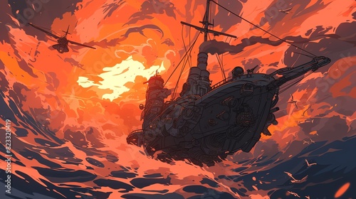 Illustration of a steampunk airship sailing through the sky