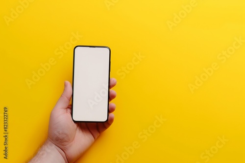 Hand Holding Smartphone with Blank Screen on Yellow Background for Technology and Communication Concepts
