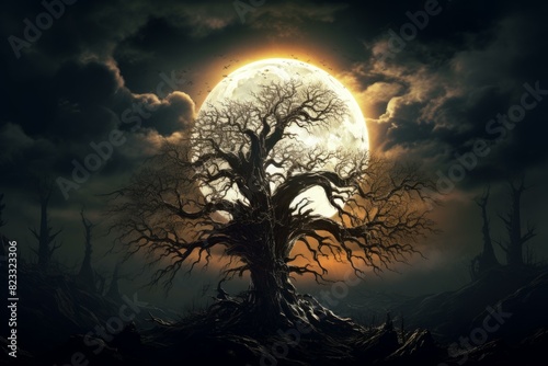 Hauntingly beautiful bare tree silhouetted by a full moon on a dark, starless night
