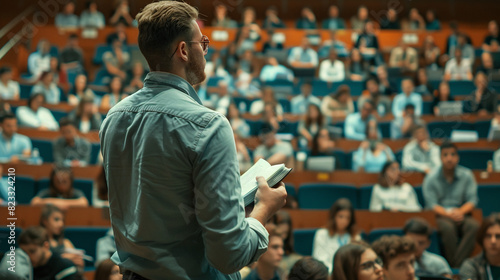 A university professor giving a lecture to a large group of attentive students in a lecture hall, illustrating higher education and the dissemination of knowledge