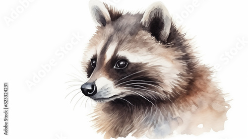 water color illustration of a raccoon face side view on white background