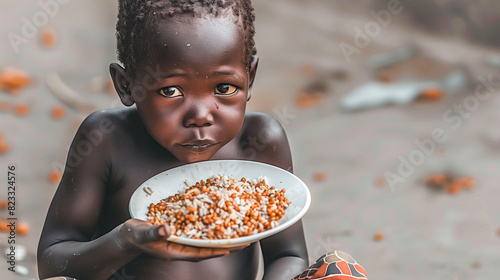 African poverty with a young impoverished boy eating