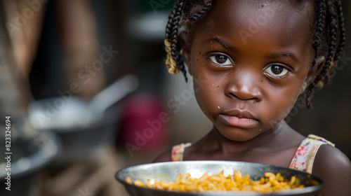 African poverty with a young impoverished girl eating