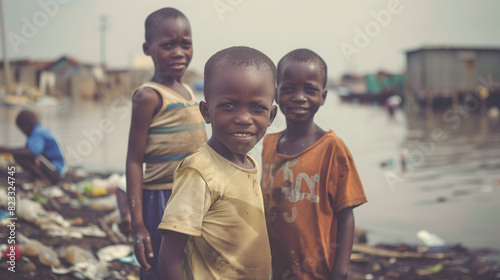 African poverty with a young impoverished boys in a polluted informal settlement