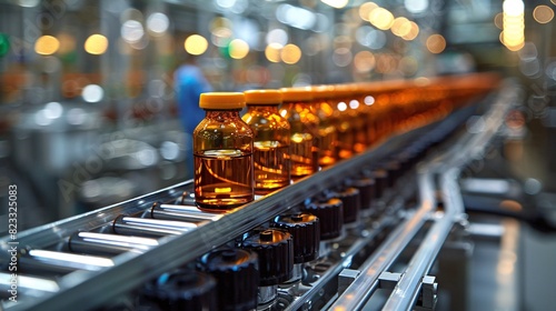 State-of-the-art contemporary pharmaceutical plant producing medical vials with orange lids on a conveyor belt for the production of vaccines and medication.
