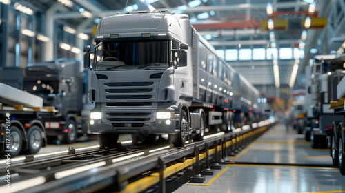 Close-up of trucks on an assembly line in a manufacturing plant, highlighting modern production techniques and automation in the automotive industry.