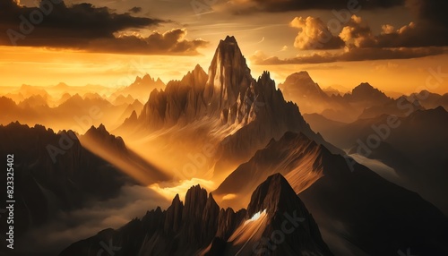 An image of a Mountain peak over a vast, during golden hours