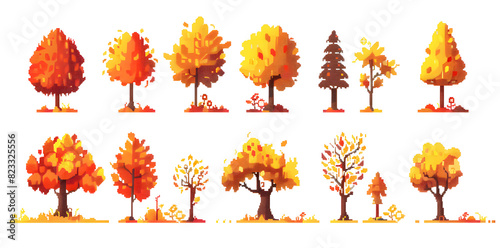 Pixel autumn yellow trees and bushes collection for arcade game assets isolated on white background
