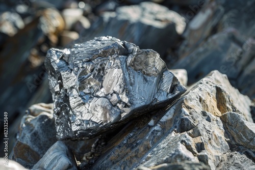 This image features a detailed view of the galena mineral with its distinctive metallic luster resting on a natural rocky background