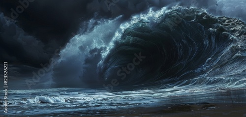 Close-up of a tsunami wave approaching shore, towering wall of water, dark skies, dramatic lighting, intense atmosphere 