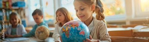 A teacher using a globe to teach geography, interactive learning, realistic, classroom setting