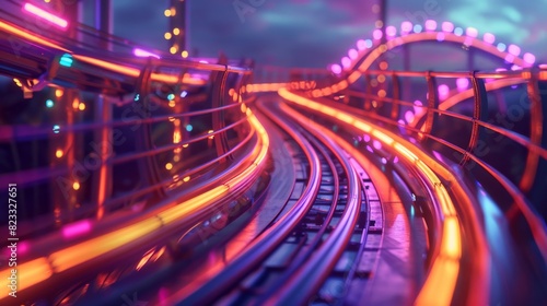 Retro Roller Coasters in Retrowave Bright Colors at Amusement Park