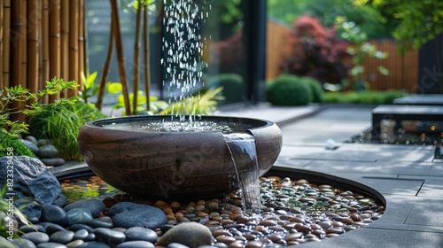 zen water feature, bamboo fountain gently flowing water into a stone basin, creating a serene ambiance in a zen garden