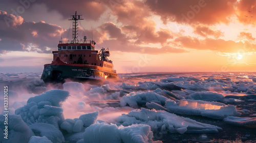 an icebreaker breaks through the ice of the frozen sea with a beautiful sky
