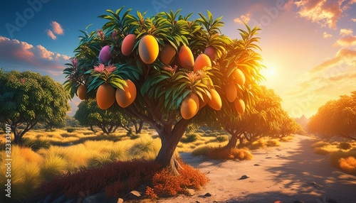 Mango tree photorealistic, detailed, colorful, high mango.arbre, fruit, orange, aliment, agrumes, branch ages, agricultura, mûr, feuille, nature, plante mango fruit tree 