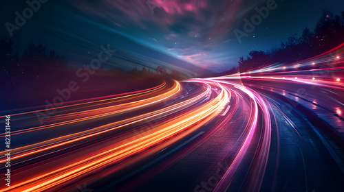 The abstract art piece featured a blend of long exposure and dynamic speed light trails, Rush of Twilight: Streaks of Speed. Speed light trails, Colorful glowing swirls, abstract long exposure dynamic