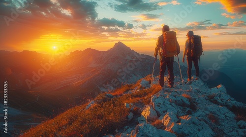 Two hikers with backpacks standing on a rocky summit as the sun rises majestically over the mountain range