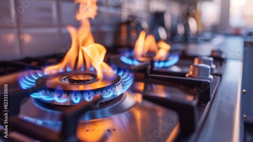 The photo shows a gas stove with two burners turned on. The flames are blue and orange. The stove is made of stainless steel. The background is blurry.