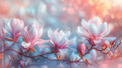Beautiful blooming magnolia flowers in soft pastel colors Abstract floral background for wall decoration, mural or wallpaper in the style of floral background